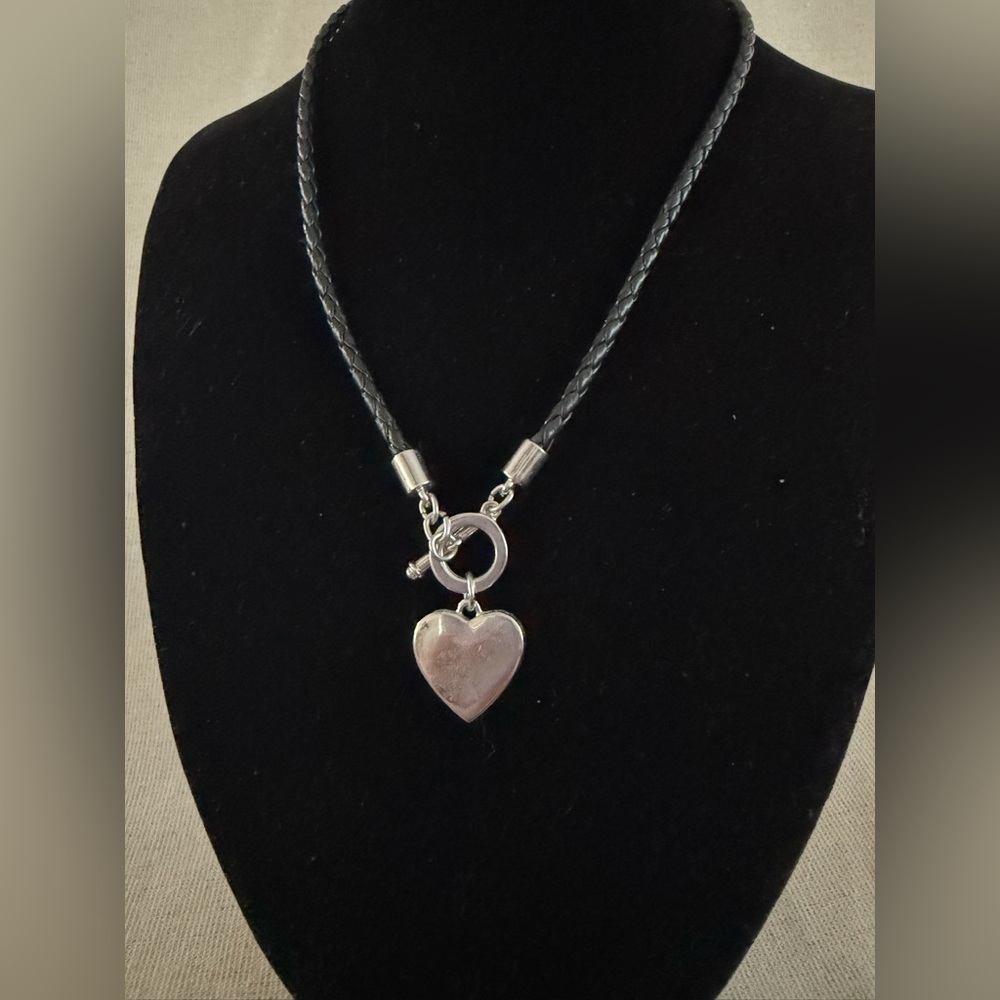 Black Braided Leather Necklace with Silver Heart Pendant By Nine West